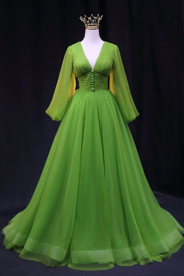 Wholesale Green V-Neck Tulle Long Prom Dress Long Sleeve Green Formal Evening Dress